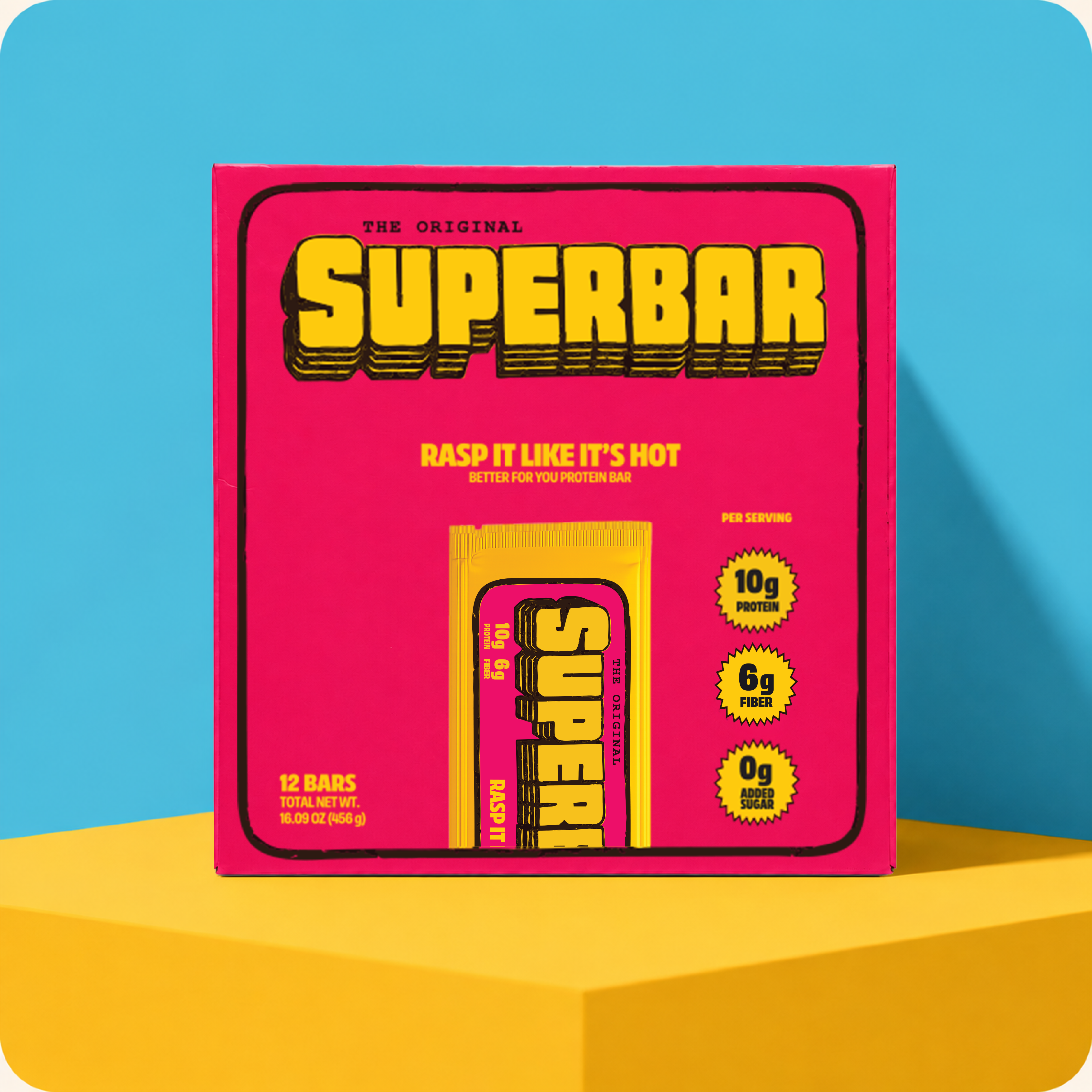 Superbar Raspberry box on a yellow stand against a blue background
